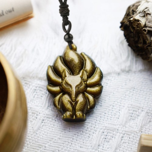 Natural Fluorite Gold Sheen Obsidian Fox Pendant Necklace
