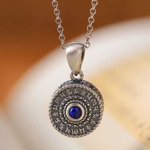 925 Sterling Silver Om Mani Padme Hum Lazurite Necklace