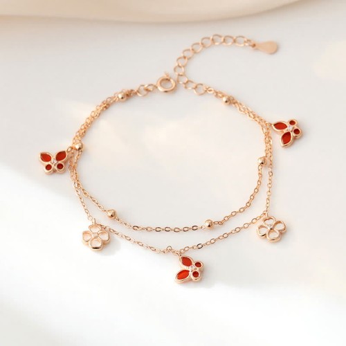 Sterling Silver Red Agate Tridacna Butterfly Clover Necklace