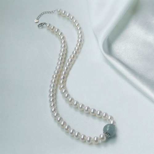 925 Sterling Silver Pearl Hetian Jade Aquamarine Necklace 925 Sterling Silver Pearl Hetian Jade Aquamarine Necklace