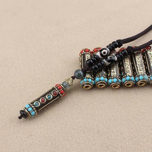 Tibetan Om Mani Padme Hum Dzi Bead Necklace Pendant