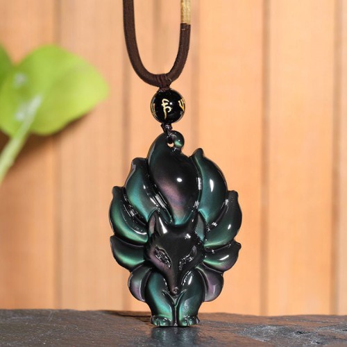Rainbow Obsidian Nine-Tailed Fox Necklace Pendant