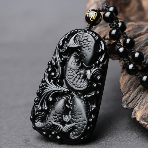 Black Obsidian Koi Fish Strength Beaded Necklace Black Obsidian Koi Fish Strength Beaded Necklace