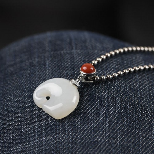 Sterling Silver Elephant Hetian Jade Necklace Set
