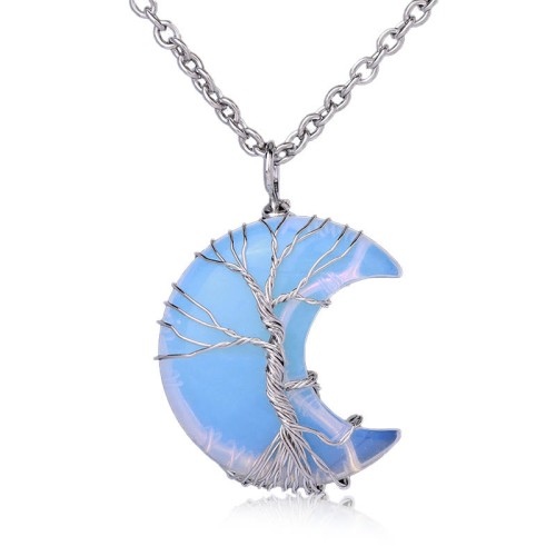 Natural Quartz Crystal Moon Tree Healing Necklace
