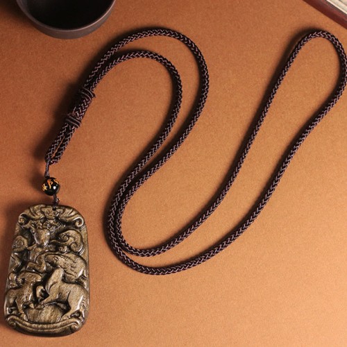 Gold Sheen Obsidian Three Goats Wealth Necklace Gold Sheen Obsidian Three Goats Wealth Necklace