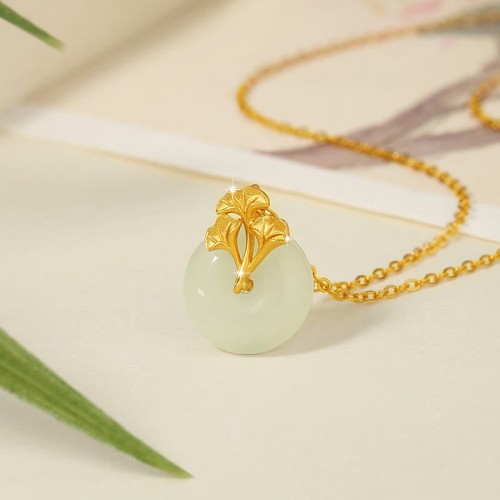 Sterling Silver Hetian Jade Ginkgo Prosperity Necklace Sterling Silver Hetian Jade Ginkgo Prosperity Necklace