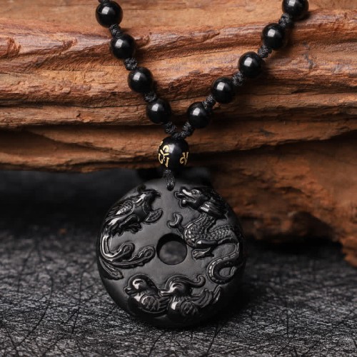 Black Obsidian Dragon Phoenix Luck Necklace