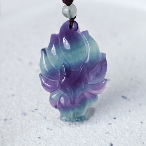Natural Fluorite Gold Sheen Obsidian Fox Pendant Necklace