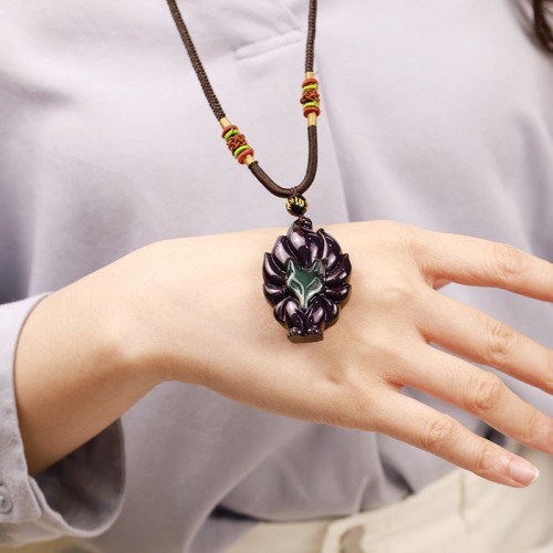 Rainbow Obsidian Nine-Tailed Fox Necklace Pendant
