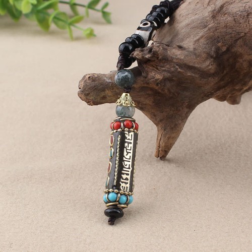 Tibetan Om Mani Padme Hum Dzi Bead Necklace Pendant