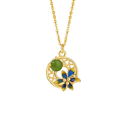 925 Silver Hetian Cyan Jade Flower Luck Necklace Set 925 Silver Hetian Cyan Jade Flower Luck Necklace Set