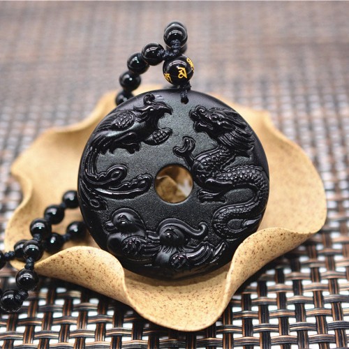 Black Obsidian Dragon Phoenix Luck Necklace