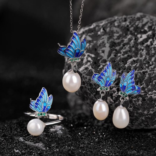 Sterling Silver Pearl Butterfly Healing Necklace Set Sterling Silver Pearl Butterfly Healing Necklace Set