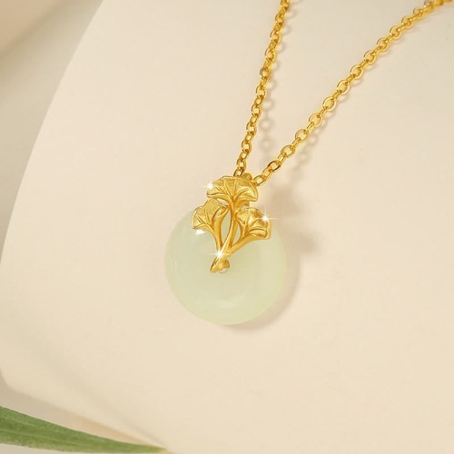 Sterling Silver Hetian Jade Ginkgo Prosperity Necklace Sterling Silver Hetian Jade Ginkgo Prosperity Necklace