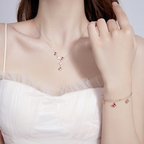 Sterling Silver Red Agate Tridacna Butterfly Clover Necklace