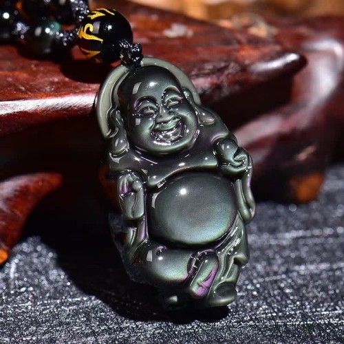 Rainbow Obsidian Laughing Buddha Inner Peace Necklace Rainbow Obsidian Laughing Buddha Inner Peace Necklace