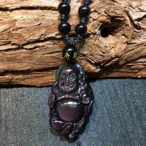 Rainbow Obsidian Laughing Buddha Inner Peace Necklace Rainbow Obsidian Laughing Buddha Inner Peace Necklace