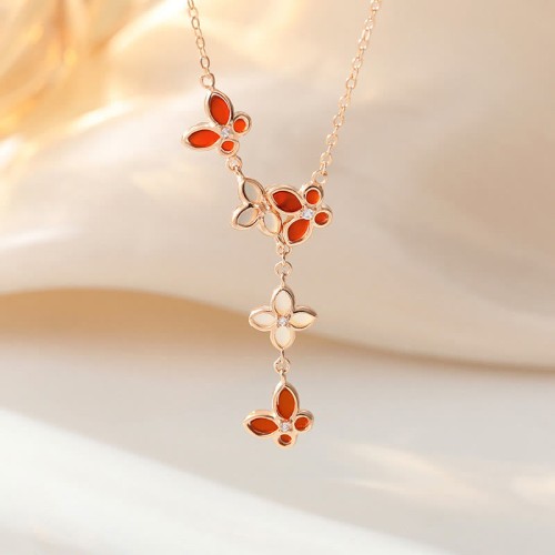 Sterling Silver Red Agate Tridacna Butterfly Clover Necklace