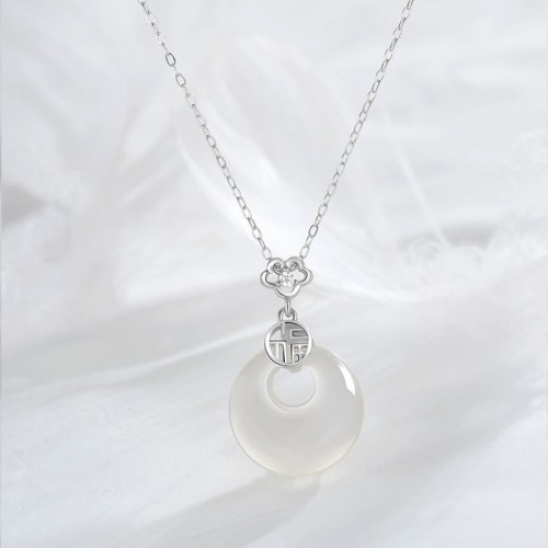 925 Sterling Silver White Agate Fu Character Necklace 925 Sterling Silver White Agate Fu Character Necklace
