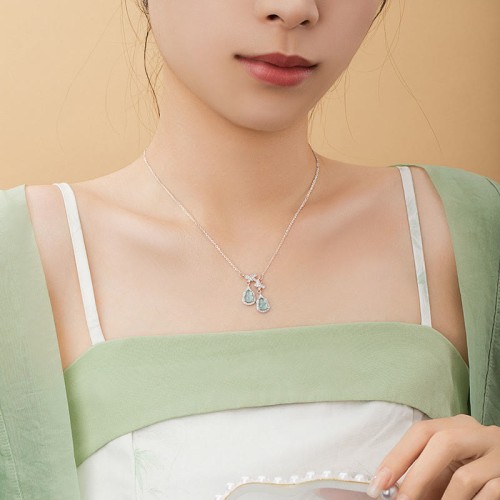 Sterling Silver Green Jade Gourd Butterfly Luck Necklace
