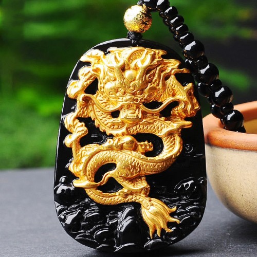 18K Gold-Plated Dragon Obsidian Lucky Necklace 18K Gold-Plated Dragon Obsidian Lucky Necklace