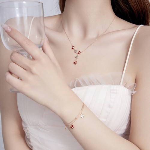Sterling Silver Red Agate Tridacna Butterfly Clover Necklace