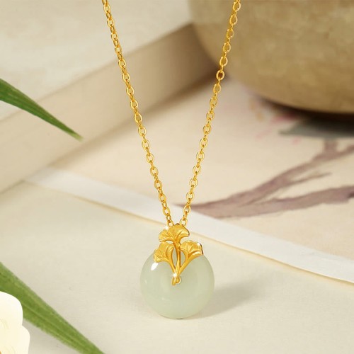 Sterling Silver Hetian Jade Ginkgo Prosperity Necklace Sterling Silver Hetian Jade Ginkgo Prosperity Necklace