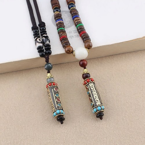 Tibetan Om Mani Padme Hum Dzi Bead Necklace Pendant