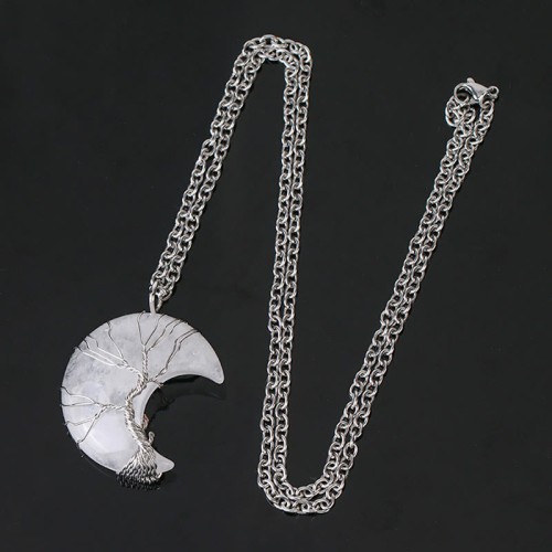 Natural Quartz Crystal Moon Tree Healing Necklace