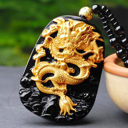 18K Gold-Plated Dragon Obsidian Lucky Necklace 18K Gold-Plated Dragon Obsidian Lucky Necklace