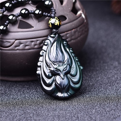 Rainbow Obsidian Nine-Tailed Fox Peace Necklace Pendant
