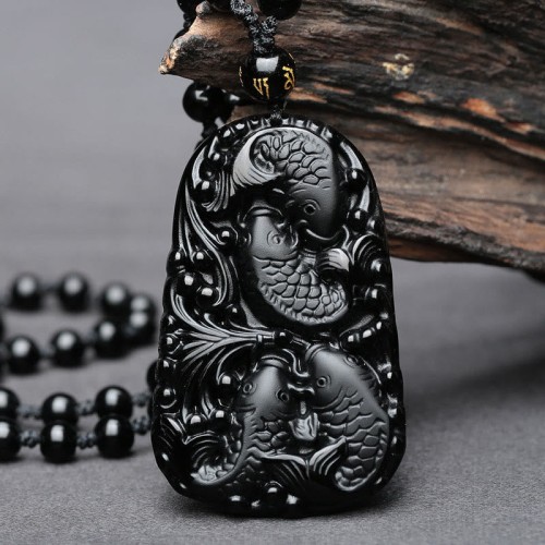 Black Obsidian Koi Fish Strength Beaded Necklace Black Obsidian Koi Fish Strength Beaded Necklace