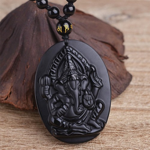 Obsidian Ganesh Elephant Wealth Necklace Pendant Obsidian Ganesh Elephant Wealth Necklace Pendant