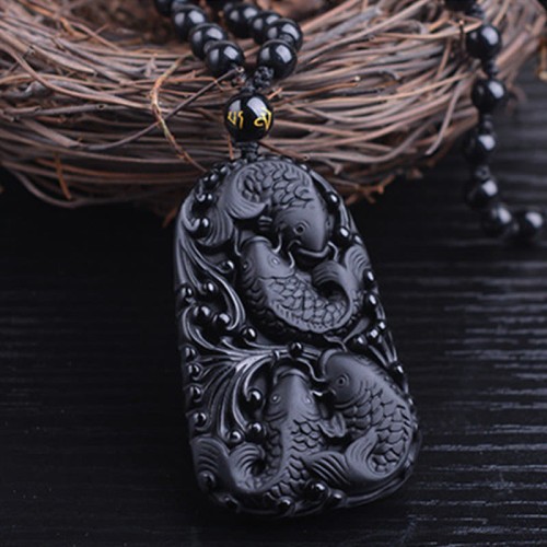 Black Obsidian Koi Fish Strength Beaded Necklace Black Obsidian Koi Fish Strength Beaded Necklace