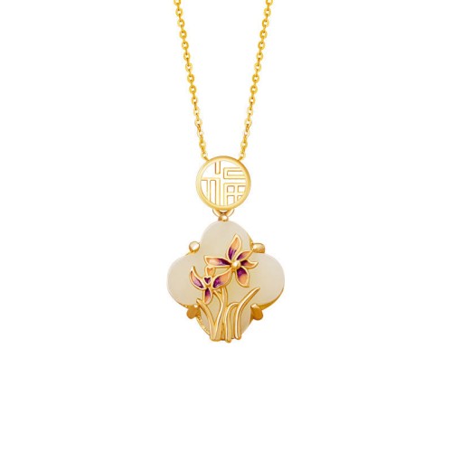 925 Silver Hetian Jade Orchid Clover Luck Necklace Set 925 Silver Hetian Jade Orchid Clover Luck Necklace Set