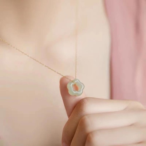 Hetian Jade Cyan Jade Floral Charm Necklace Pendant