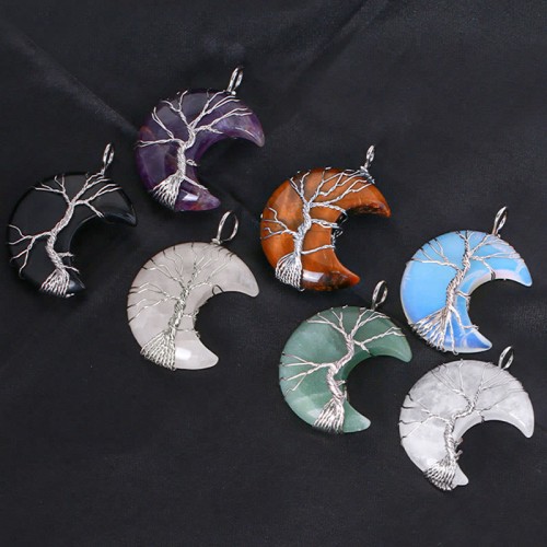 Natural Quartz Crystal Moon Tree Healing Necklace
