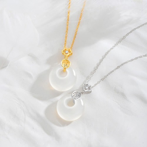 925 Sterling Silver White Agate Fu Character Necklace 925 Sterling Silver White Agate Fu Character Necklace