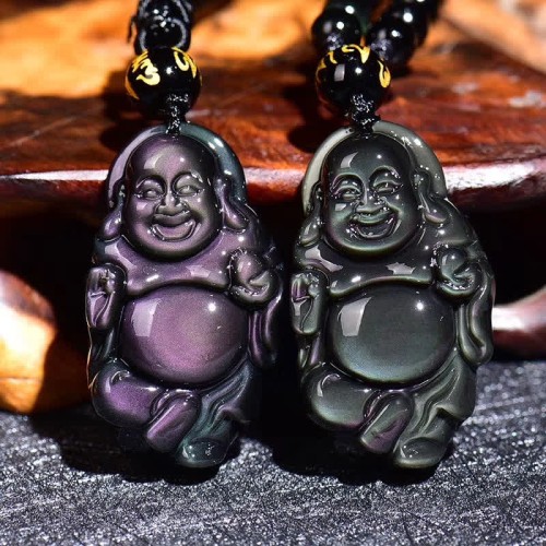 Rainbow Obsidian Laughing Buddha Inner Peace Necklace Rainbow Obsidian Laughing Buddha Inner Peace Necklace