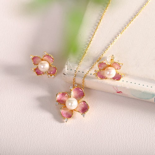 Sterling Silver Pearl Red Flower Wisdom Necklace Set