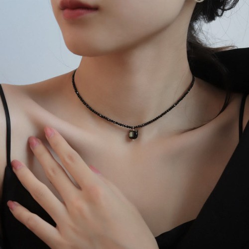 Black Spinel Cute Cat Motivate Choker Necklace Black Spinel Cute Cat Motivate Choker Necklace