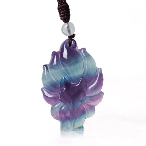 Natural Fluorite Gold Sheen Obsidian Fox Pendant Necklace