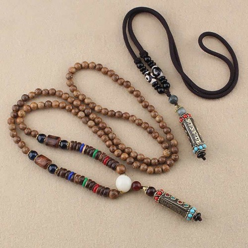Tibetan Om Mani Padme Hum Dzi Bead Necklace Pendant