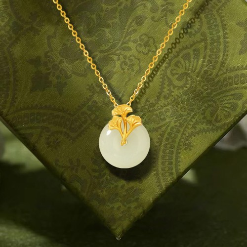 Sterling Silver Hetian Jade Ginkgo Prosperity Necklace Sterling Silver Hetian Jade Ginkgo Prosperity Necklace