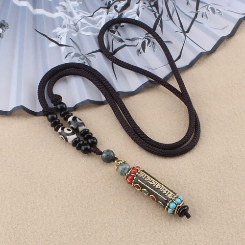 Tibetan Om Mani Padme Hum Dzi Bead Necklace Pendant