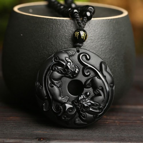 Black Obsidian Pixiu Bead Rope Strength Necklace Pendant Black Obsidian Pixiu Bead Rope Strength Necklace Pendant