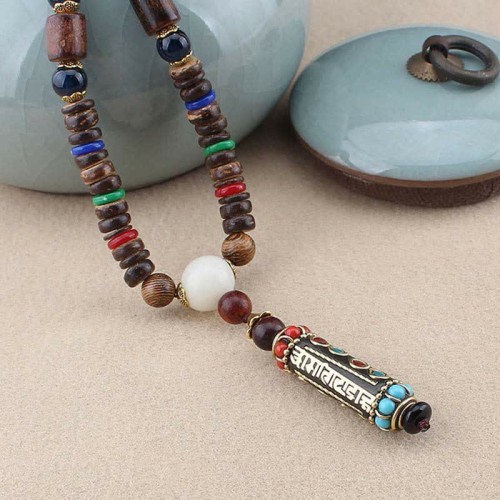 Tibetan Om Mani Padme Hum Dzi Bead Necklace Pendant