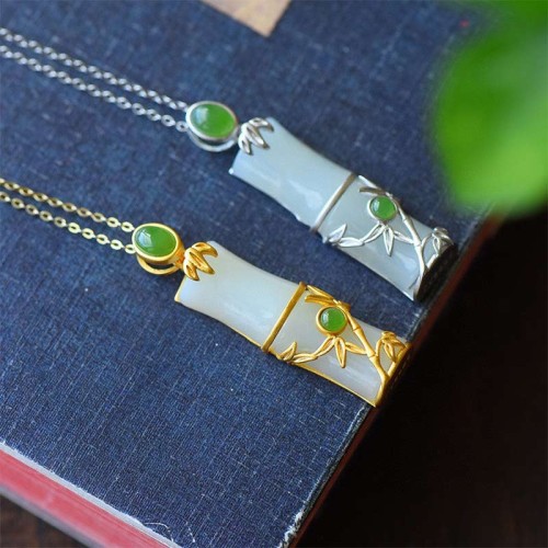 White Jade Cyan Jade Bamboo Protection Necklace White Jade Cyan Jade Bamboo Protection Necklace