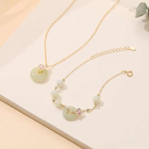 925 Silver Hetian Jade Orchid Luck Necklace Set 925 Silver Hetian Jade Orchid Luck Necklace Set